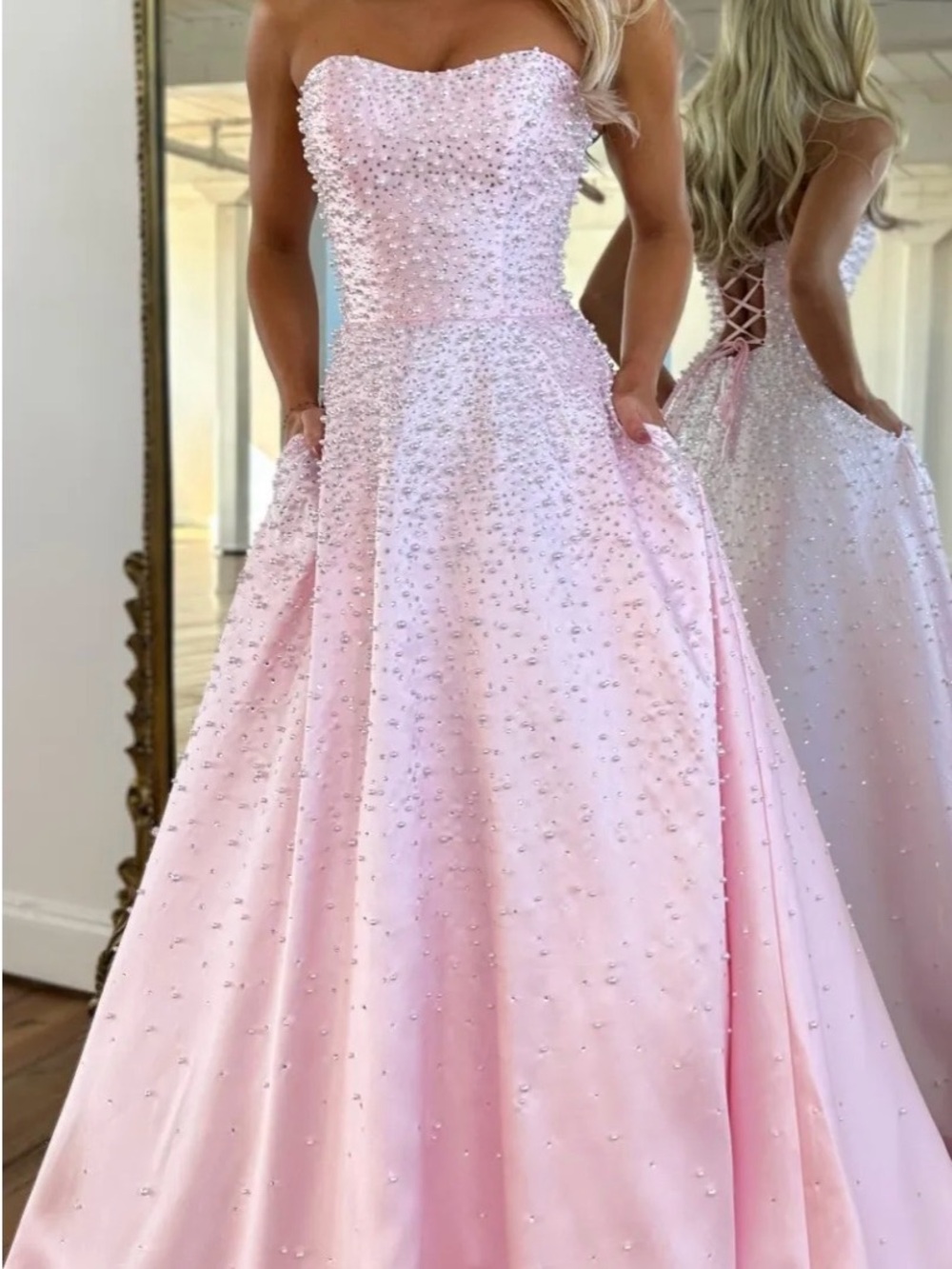 Strapless Pink Pearl Ball Gown